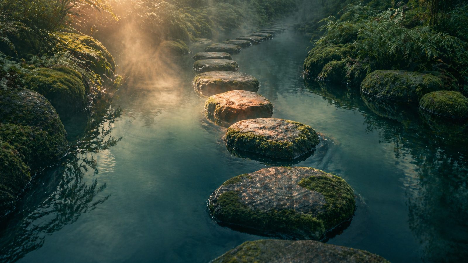 Stepping stones across a misty pond surrounded by mossy banks at golden hour